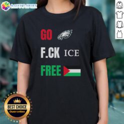 Philadelphia Eagles ladies tee featuring the 'Go Birds' design with a Free Palestine flag, perfect for football fans.