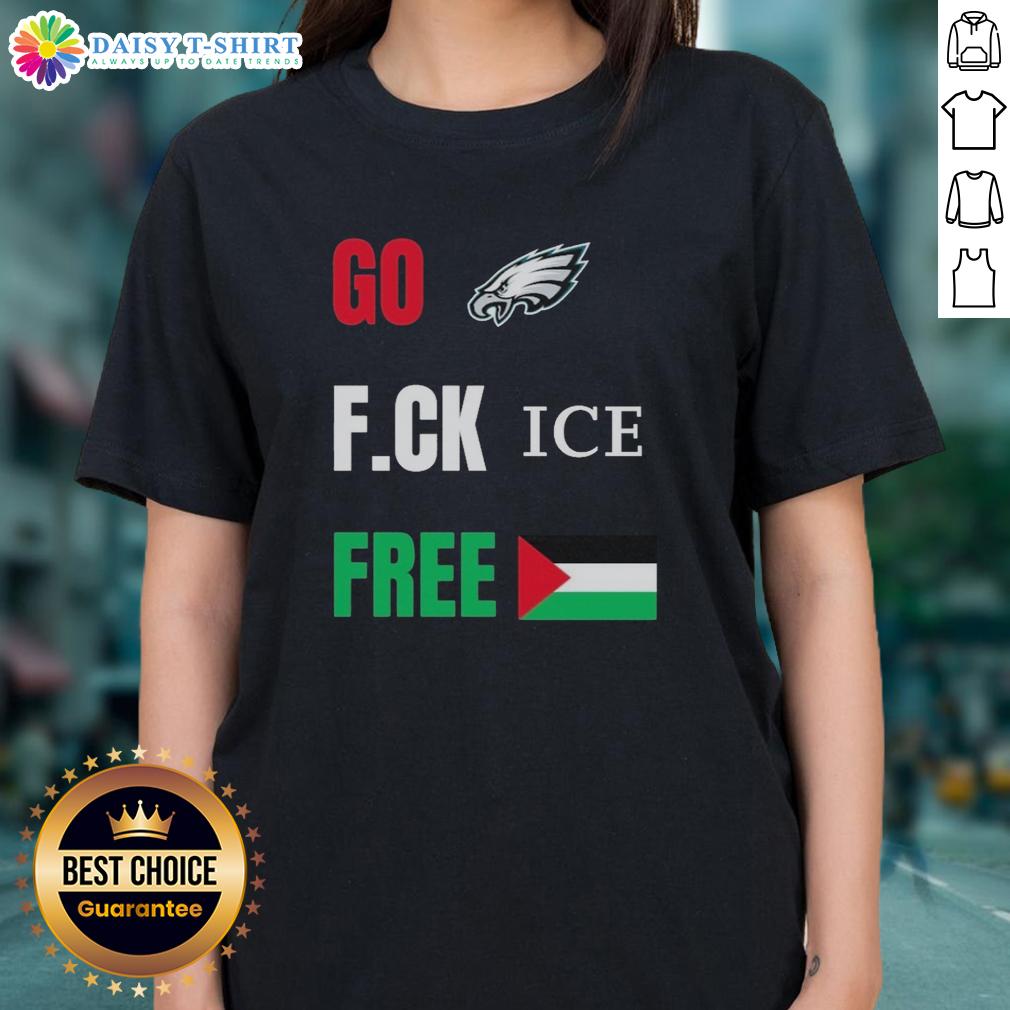 Philadelphia Eagles ladies tee featuring the 'Go Birds' design with a Free Palestine flag, perfect for football fans.