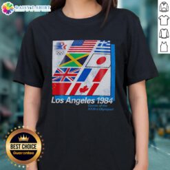 Vintage ladies tee featuring official Los Angeles 1984 Games of the XXIIIrd Olympiad flags design.