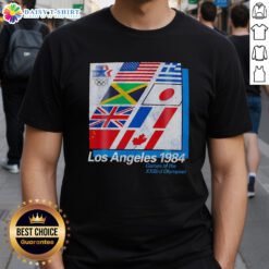 Vintage T-shirt featuring flags from the Official Los Angeles 1984 Games of the XXIIIrd Olympiad design.
