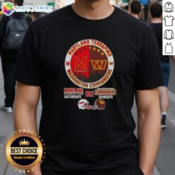 Alt Text: Official Maryland Terrapins and Washington Commanders football helmets graphic on a skyline t-shirt design.