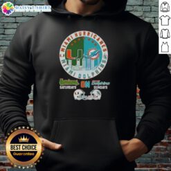 Official Miami Sports Hurricanes hoodie featuring football helmets and skyline for Saturdays and Dolphins Sundays.