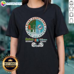 Official Miami Sports Hurricanes Ladies Tee featuring football helmets and skyline design for Saturdays and Sundays.