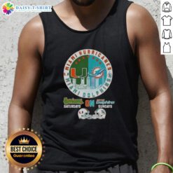Alt Text: Miami Sports Hurricanes tank top featuring football helmets and skyline design for Saturdays and Dolphins Sundays.