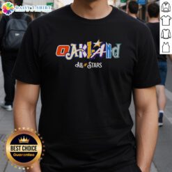 Official Oakland All Stars design logo on a team players t-shirt, showcasing vibrant colors and sports pride.