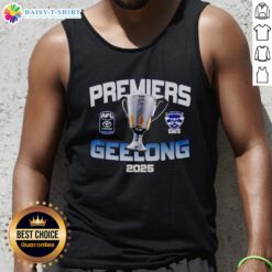 Official Premiers Geelong 2025 Champions tank top showcasing team colors and logo for fans celebrating the victory.
