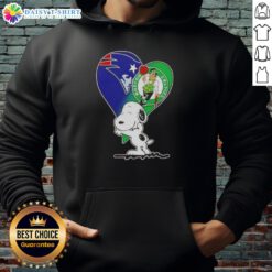 Official Snoopy Hug Heart Hoodie featuring New England Patriots and Boston Celtics designs, perfect for sports fans.