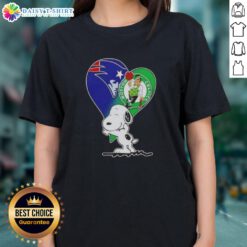 Alt Text: Official Snoopy heart graphic tee for ladies, featuring New England Patriots and Boston Celtics logos.