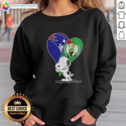 Official Snoopy Hug Heart Sweatshirt featuring New England Patriots and Boston Celtics logo, perfect for sports fans.