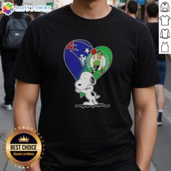 Alt Text: Official Snoopy Hug Heart T-Shirt featuring New England Patriots and Boston Celtics logo, perfect for sports fans.