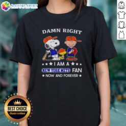Alt Text: Original Damn Right I Am A Mets Fan Now And Forever tee featuring Snoopy and Charlie Brown for ladies.