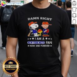 Alt Text: Original Damn Right I Am A Mets Fan Now And Forever T-Shirt featuring Snoopy and Charlie Brown design.