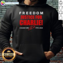 Red hoodie tribute to Charlie Kirk (1993-2025) featuring 'Original Freedom Justice' design, perfect for supporters.