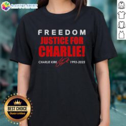 Original Freedom Justice for Charlie Kirk 1993-2025 red signature tribute ladies tee showcasing bold design and message.