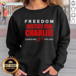 Original Freedom Justice for Charlie Kirk 1993-2025 Red Signature Tribute Sweatshirt showcasing bold design and tribute details.