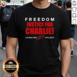 Original Freedom Justice For Charlie Kirk 1993-2025 red tribute t-shirt featuring bold signature design.