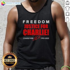 Alt Text: Red tank top featuring 'Original Freedom Justice For Charlie Kirk 1993-2025' signature tribute design.