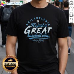 Alt Text: Original Philadelphia Phillies Harrison Bader signature t-shirt, celebrating Philadelphia as a great baseball city.