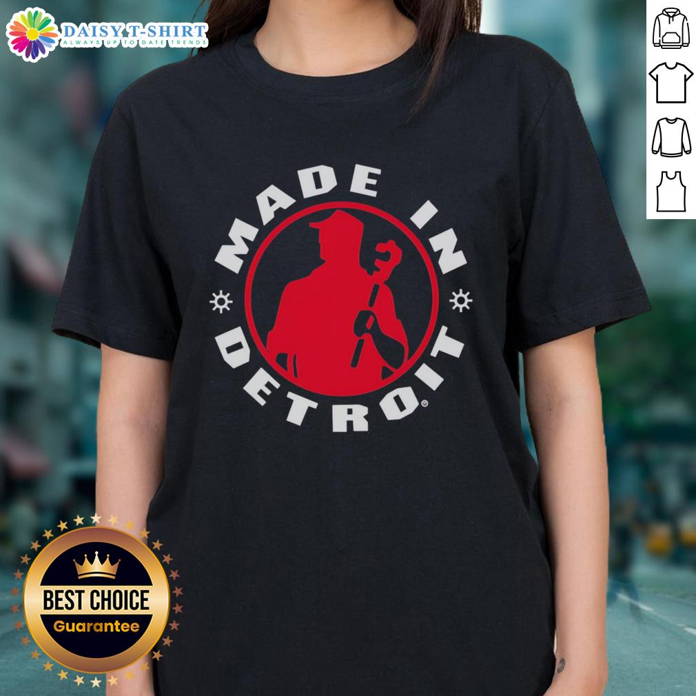 Premium Made in Detroit plumber wrench logo silhouette on a stylish ladies tee, perfect for plumbing enthusiasts.