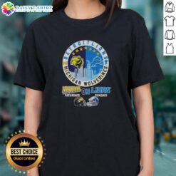 Premium Michigan Wolverines Saturdays tee featuring Detroit Lions helmets and skyline, perfect for game day.
