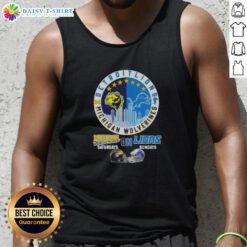 Premium Michigan Wolverines tank top featuring Detroit Lions helmets and skyline design, perfect for game day.