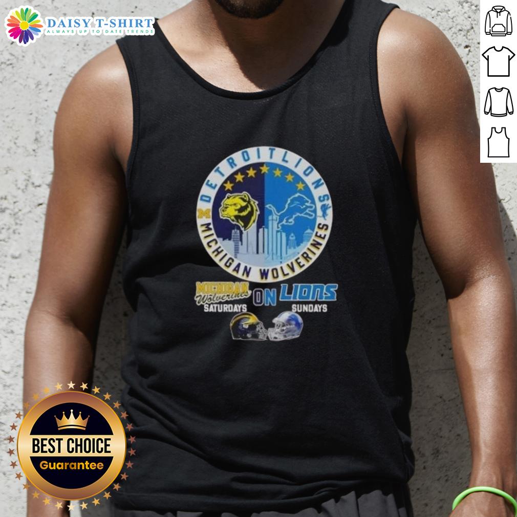 Premium Michigan Wolverines tank top featuring Detroit Lions helmets and skyline design, perfect for game day.