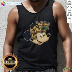 Alt Text: Premium Mickey Mouse military helmet with night vision goggles featured on a stylish tank top design.