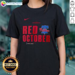 Premium Red October Philadelphia Phillies 2025 MLB Postseason Ladies Tee showcasing team spirit and style.
