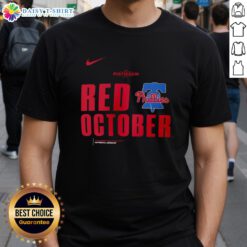 Premium Red October Philadelphia Phillies 2025 MLB Postseason T-Shirt featuring team logo and vibrant colors for fans.