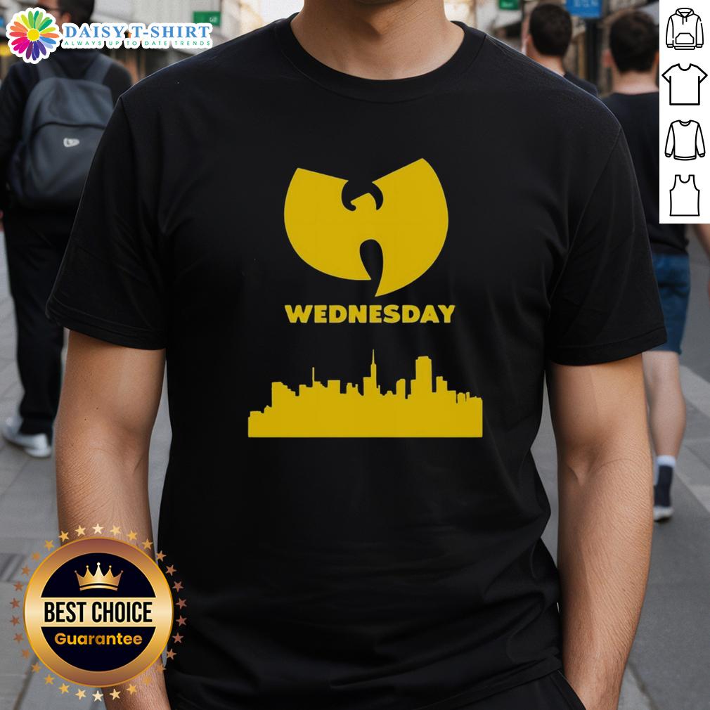 Premium Wu Tang Wednesday Skyline T-Shirt featuring iconic Wu-Tang logo against a city skyline design.
