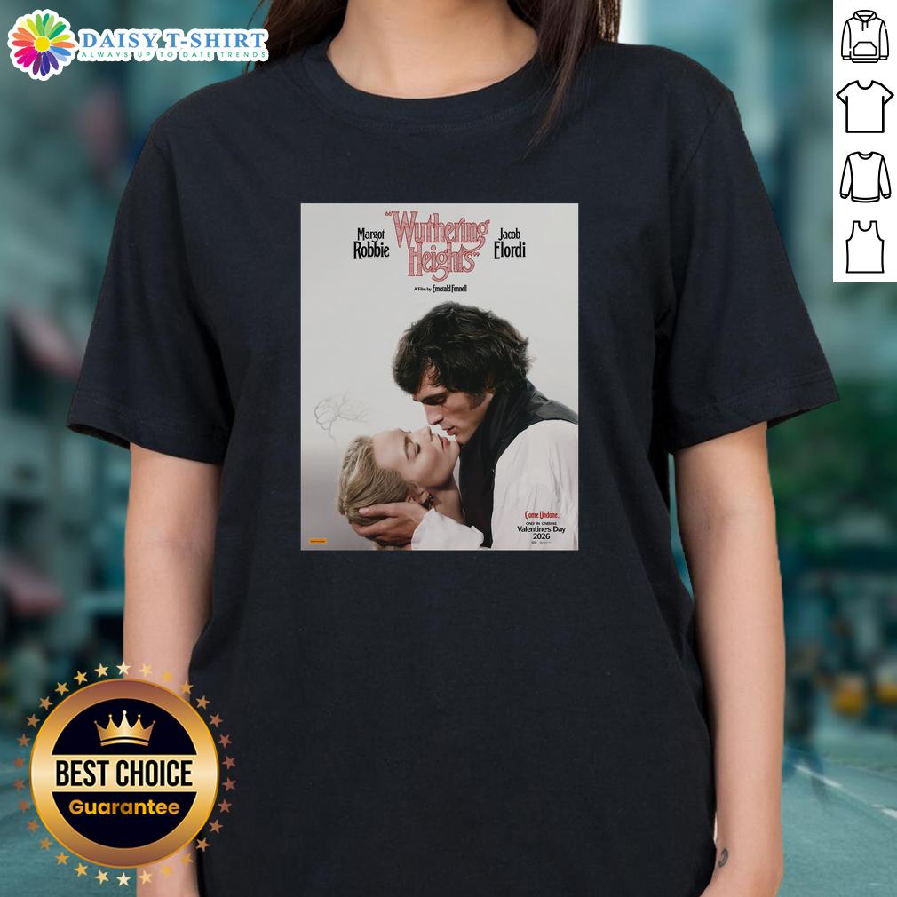 Premium Wuthering Heights movie tee featuring Margot Robbie and Jacob Elordi, perfect for fans of classic literature.