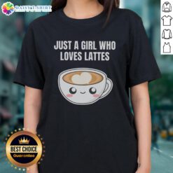 Alt Text: Kawaii ladies tee featuring 'Just a girl who loves lattes' design, perfect for coffee and espresso lovers.