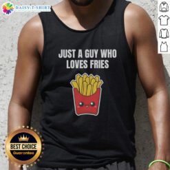 Guy wearing a kawaii tank top with a curly fries graphic, showcasing his love for fast food and fries.