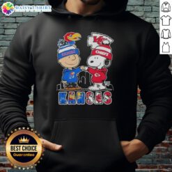 Pretty Snoopy and Charlie Brown Kansas City sports hoodie featuring Jayhawks and Chiefs skyline design.