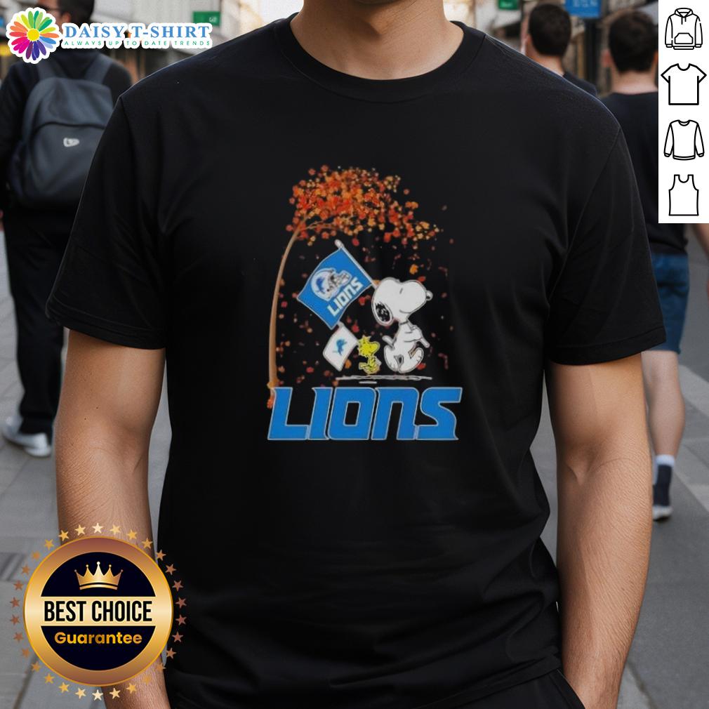 Pretty Snoopy X Woodstock 'It's The Most Wonderful Time Of The Year' Detroit Lions T-Shirt featuring festive design.