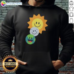 Colorful hoodie featuring smiley faces of the sun, moon, and Earth, perfect for casual and fun fashion.