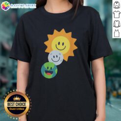 Pretty sun, moon, and Earth smiley faces on a ladies tee, perfect for casual and fun outfits.