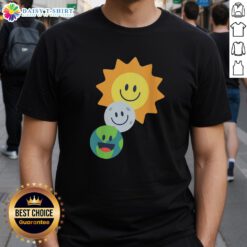 Alt Text: Pretty Sun Moon Earth Smiley Faces T-Shirt featuring cheerful celestial designs perfect for casual wear.