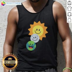 Pretty sun, moon, and Earth smiley faces tank top design, perfect for casual summer wear and space-themed fashion lovers.