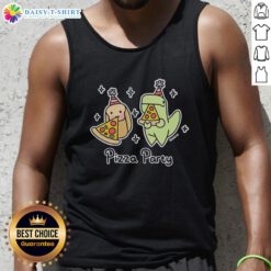 Top pizza party tank top featuring a playful dinosaur and a loaf of bread design, perfect for fun gatherings.