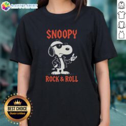 Top Snoopy Rock and Roll Ladies Tee featuring a vintage Snoopy graphic, perfect for music lovers and stylish casual wear.