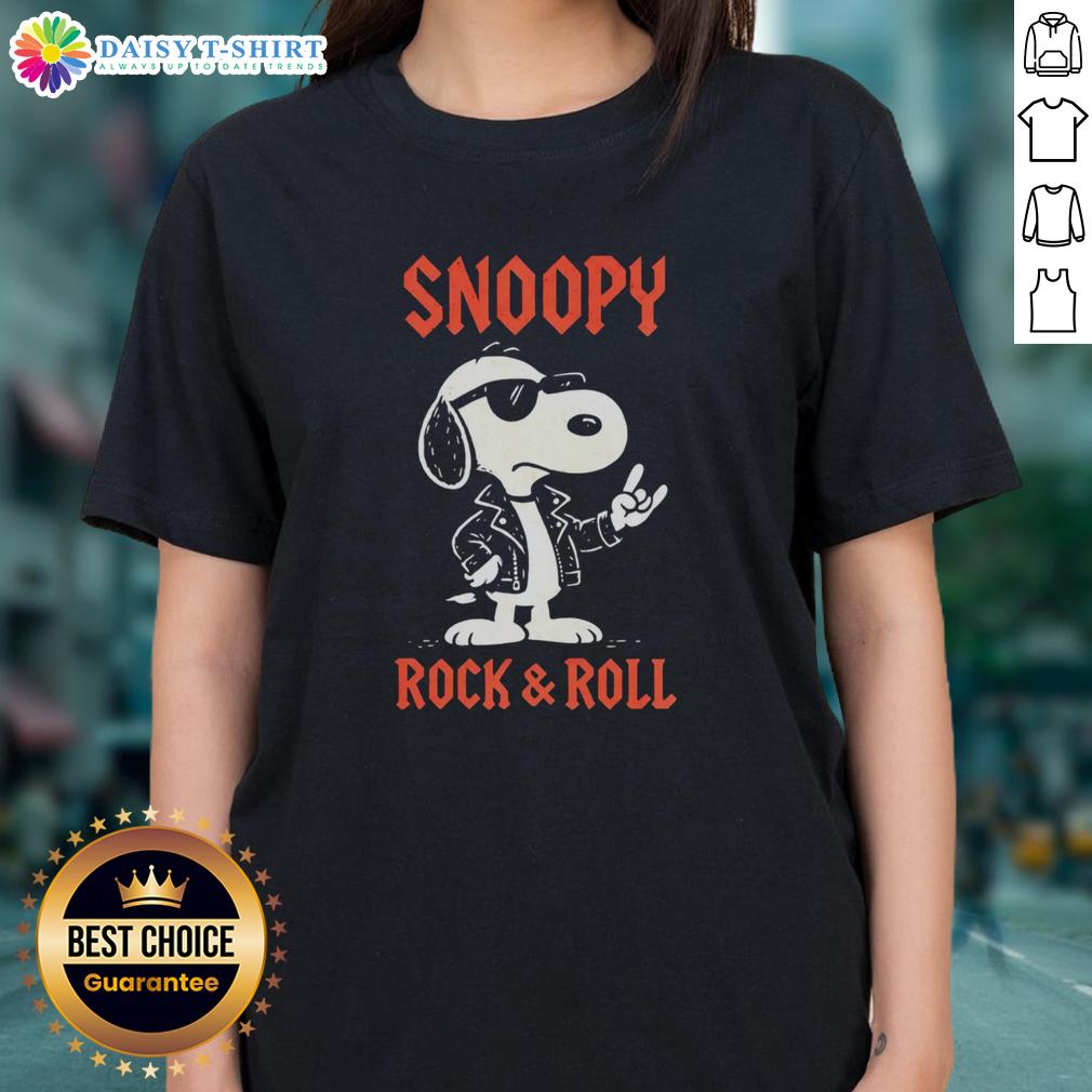 Top Snoopy Rock and Roll Ladies Tee featuring a vintage Snoopy graphic, perfect for music lovers and stylish casual wear.