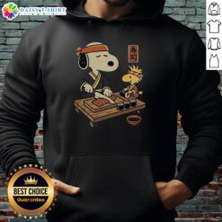 Top Snoopy Woodstock Sushi Tomodachi Club hoodie featuring colorful cartoon graphics and a cozy design.
