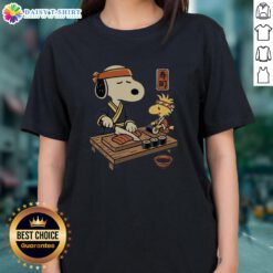 Top Snoopy & Woodstock Sushi Tomodachi Club Ladies Tee featuring vibrant graphics and a fun design for fans.