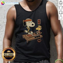Alt Text: Top Snoopy Woodstock Sushi Tomodachi Club tank top featuring vibrant graphics of beloved characters.