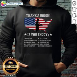Top Thank a Union Pro Labor Rights American Worker Union Pride Hoodie displayed on a model in a vibrant setting.