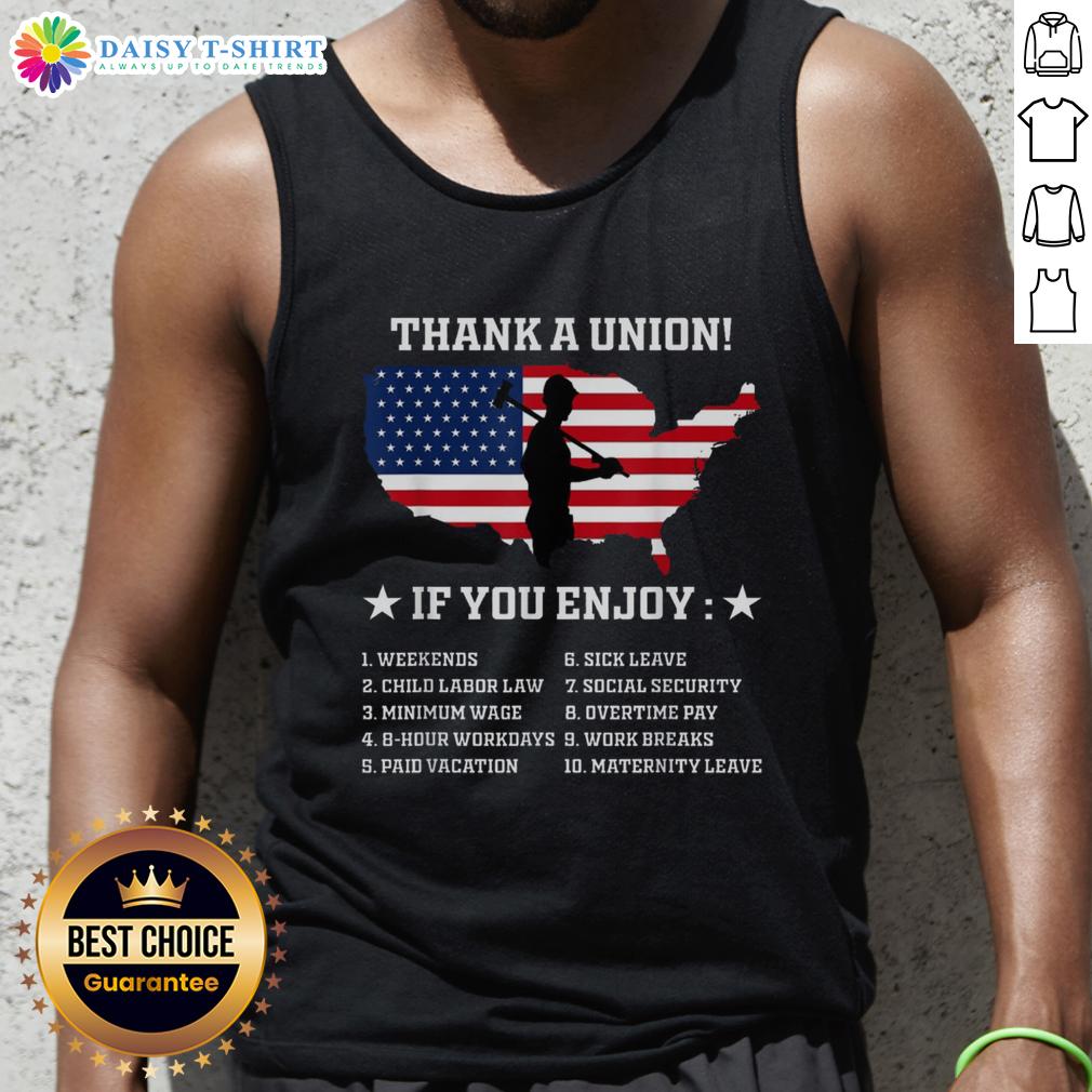 Top thank a union pro labor rights American worker union pride tank top featuring bold graphics and vibrant colors.