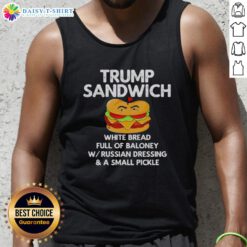 Top Trump sandwich on white bread filled with baloney, showcased on a trendy tank top, perfect for food lovers.