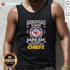 Woman wearing 'Awesome Arkansas Is Home' tank top, showing Kansas City Chiefs pride on game day.