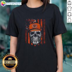 Alt Text: Awesome Chicago Bears NFL skull graphic on an American flag, perfect for football lovers' ladies tee.